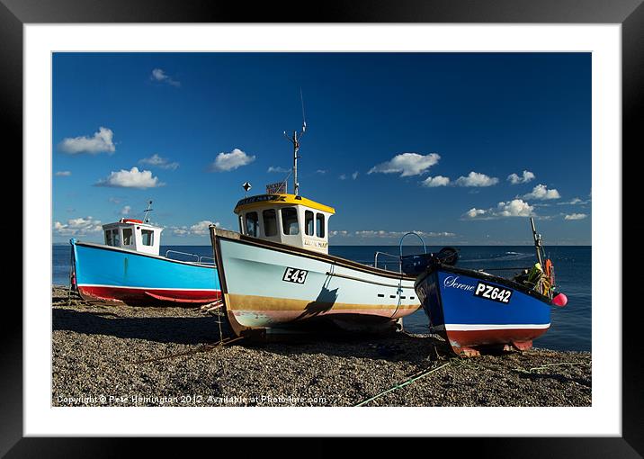 Fishing boats beached at Beer Framed Mounted Print by Pete Hemington