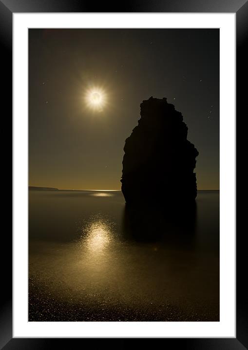 Ladram Bay in moonlight Framed Mounted Print by Pete Hemington