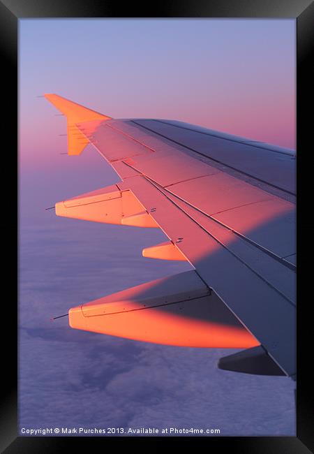 Warm Glow of Sun Rise on Airplane Wing Framed Print by Mark Purches
