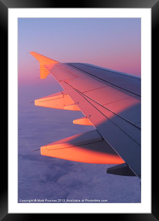 Warm Glow of Sun Rise on Airplane Wing Framed Mounted Print by Mark Purches