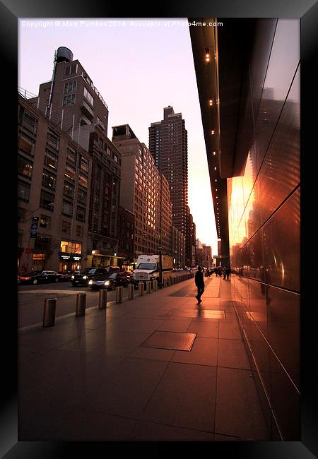 New York Street Sunset and Reflection Framed Print by Mark Purches