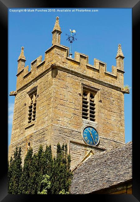 St Peter's Church Tower Blue Clock Face - Stanway  Framed Print by Mark Purches