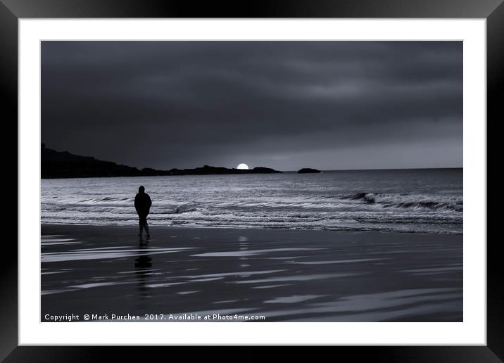 Silhouette of Man Walking Alone on Beach Sunset Framed Mounted Print by Mark Purches