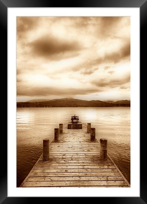 Jetty on a Lake - Sepia Framed Mounted Print by Sandi-Cockayne ADPS