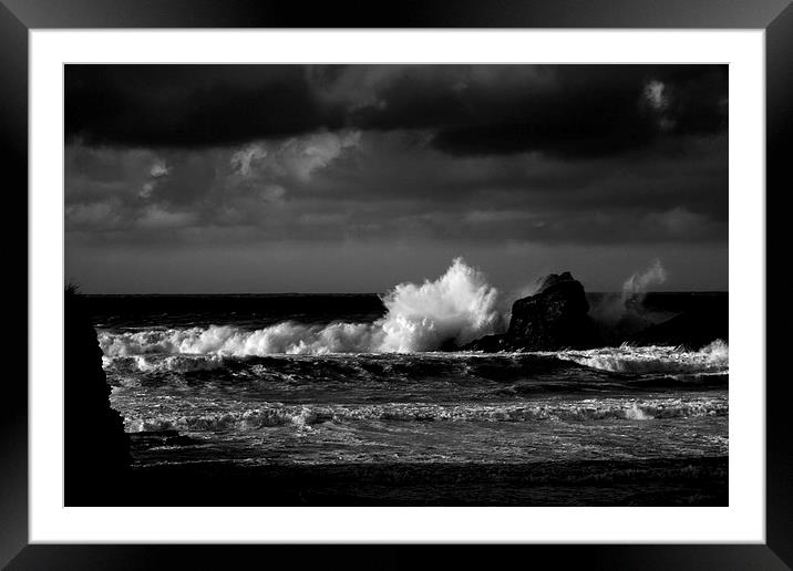 Crashing Waves at Trevone Bay in Black and White Framed Mounted Print by Samantha Higgs
