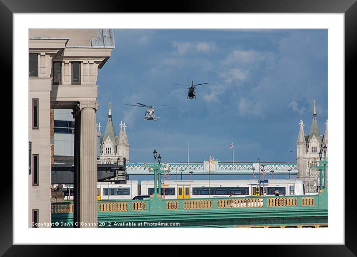 Helicopters at Tower Bridge Framed Mounted Print by Dawn O'Connor