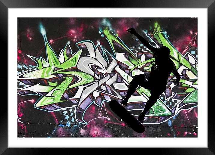 Skateboarder on colour graffiti background Framed Mounted Print by Dawn O'Connor