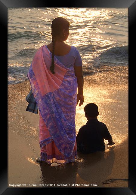 Woman in Pink and Blue Sari with Child Varkala, Ka Framed Print by Serena Bowles