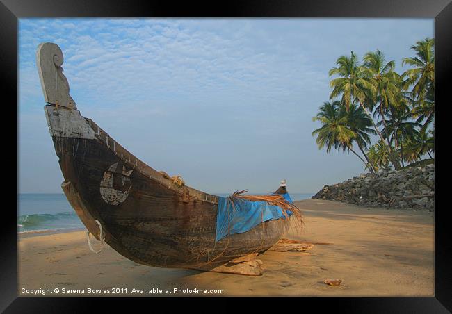 Fishing Boat and Palms on Black Beach Varkala, Ker Framed Print by Serena Bowles