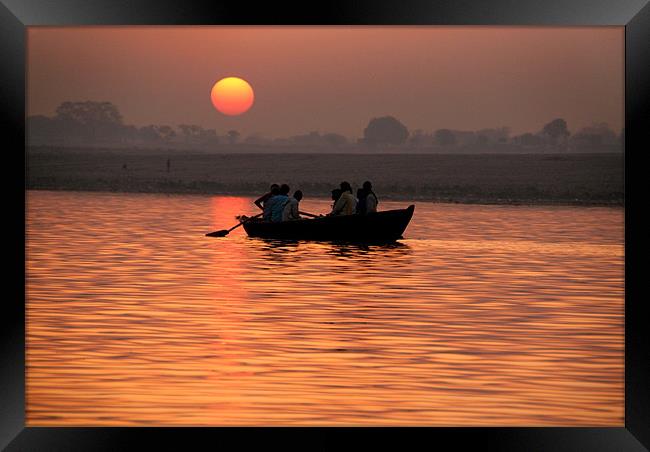 Rowing Boat on the Ganges at Sunrise, Varanasi, In Framed Print by Serena Bowles
