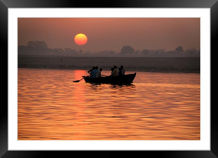 Rowing Boat on the Ganges at Sunrise, Varanasi, In Framed Mounted Print by Serena Bowles