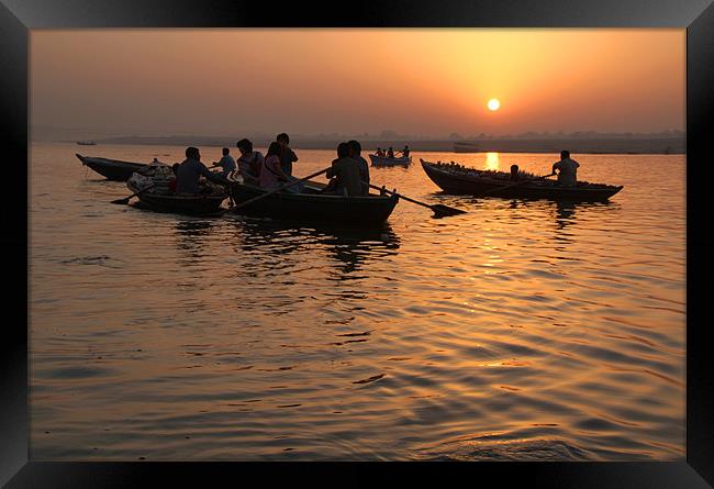 Tourists Enjoying Sunrise on the Ganges Framed Print by Serena Bowles