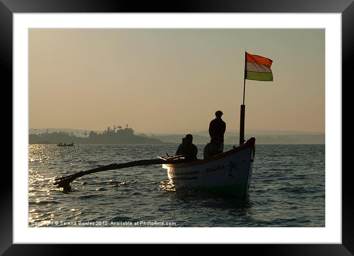 Dolphin Boat with Indian Flag Palolem, Goa, India Framed Mounted Print by Serena Bowles