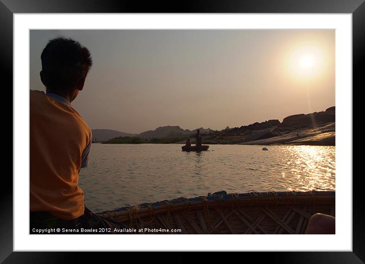 Young Boy Rowing Coracle On Tungabhadra River Framed Mounted Print by Serena Bowles