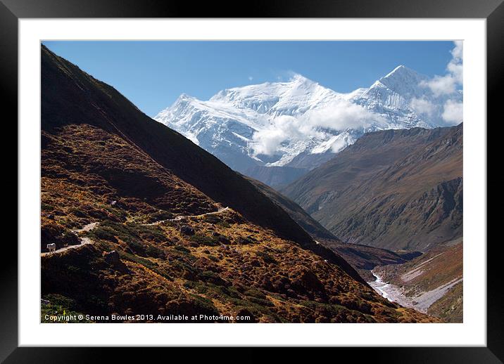 Snowy Mountain and Valley along Annapurna Circuit Framed Mounted Print by Serena Bowles