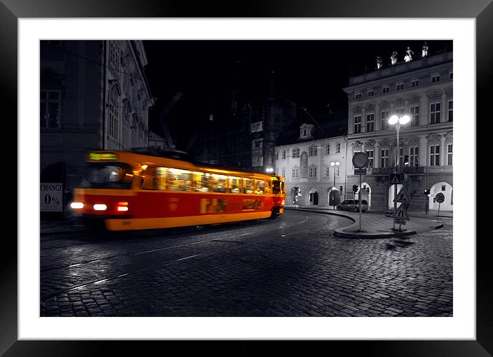 Tram at Night Framed Mounted Print by Serena Bowles