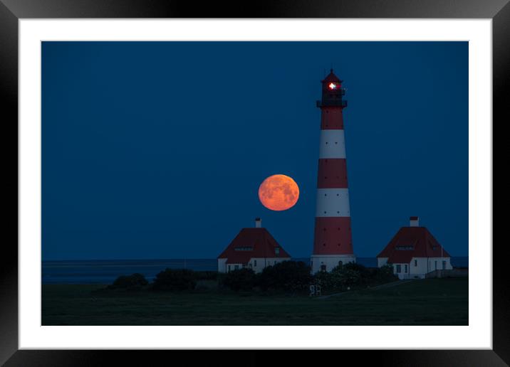 Moonset at Lighthouse in Westerhever Framed Mounted Print by Thomas Schaeffer