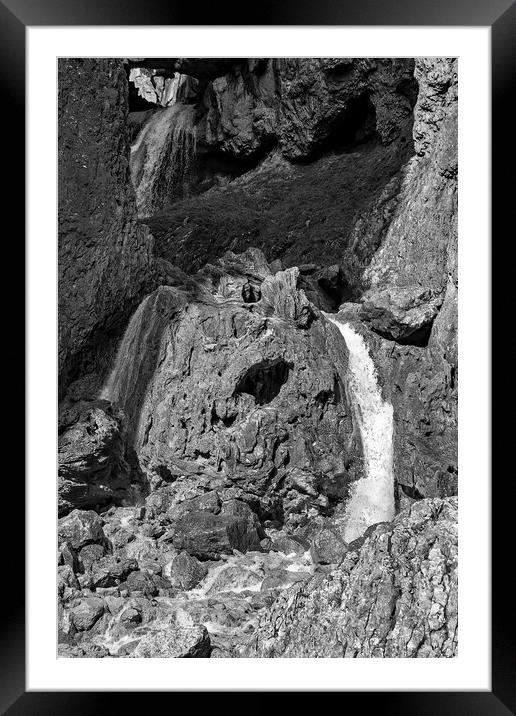 Gordale Scar Waterfall (Mono) Framed Mounted Print by Joyce Storey