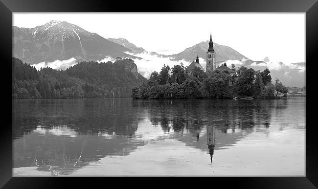 Reflection of Lake Bled Island, Slovenia Framed Print by Kate Barley