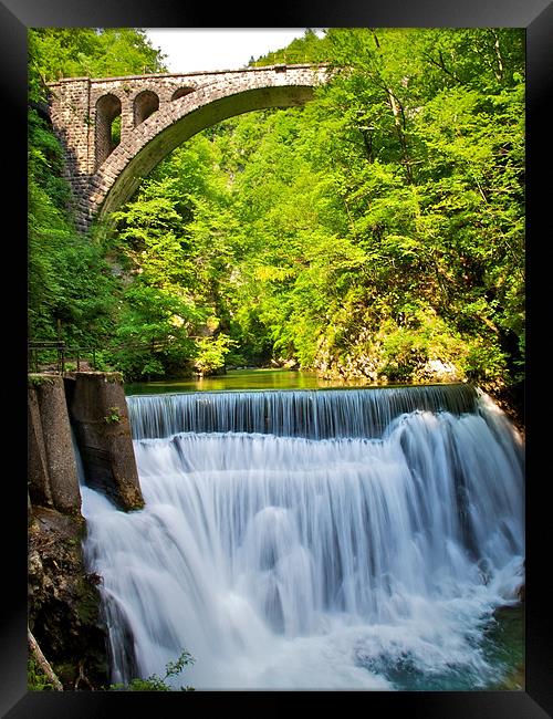 Vintgar Gorge water and bridge, Slovenia Framed Print by Kate Barley