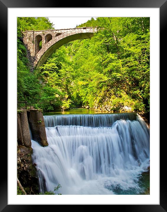 Vintgar Gorge water and bridge, Slovenia Framed Mounted Print by Kate Barley