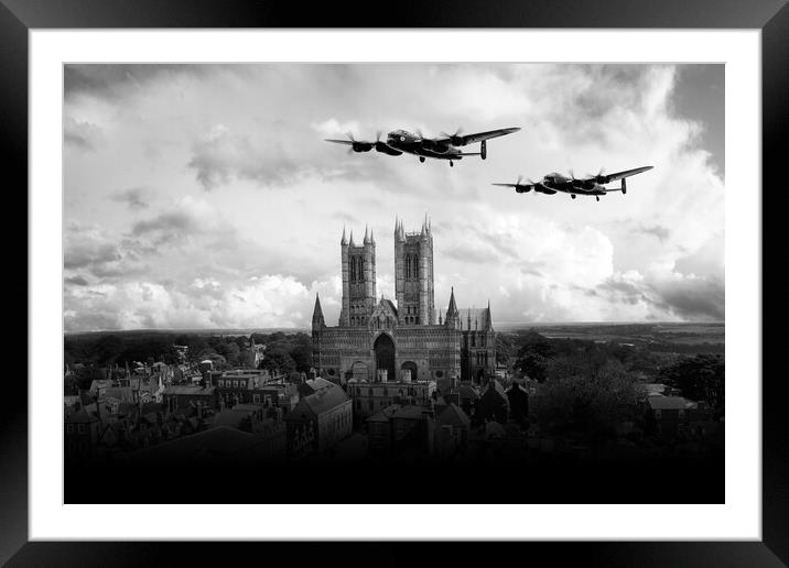 Lancaster Over Lincoln Cathedral - Mono Version Framed Mounted Print by J Biggadike