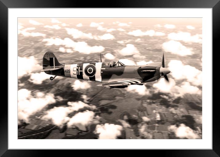 Spitfire AB910 - Sepia Framed Mounted Print by J Biggadike