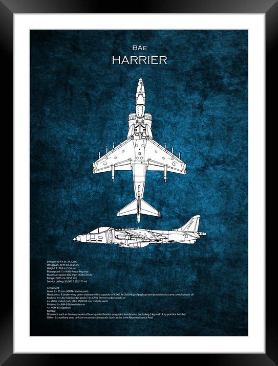 BAe Harrier Blueprint Framed Mounted Print by J Biggadike