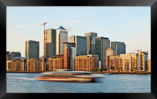 Canary Wharf, Thames Clipper Framed Print by Linsey Pluckrose