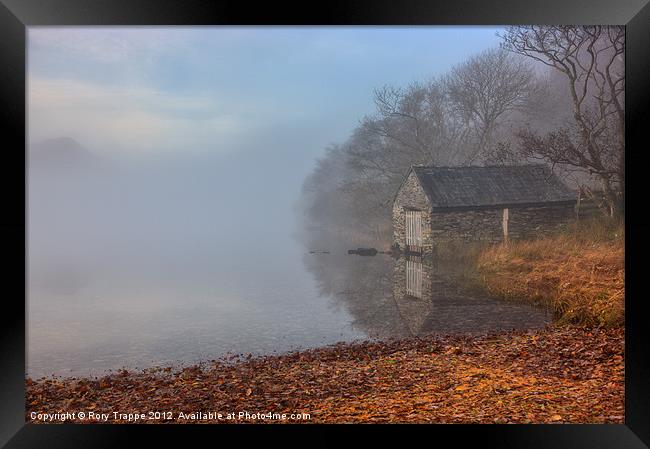 Llyn Dinas boat house in the mist Framed Print by Rory Trappe