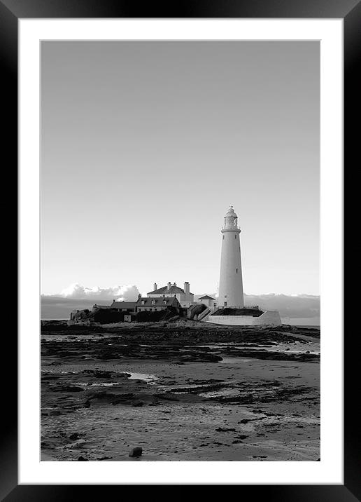 St Mary`s Lighthouse b&w. Framed Mounted Print by Northeast Images