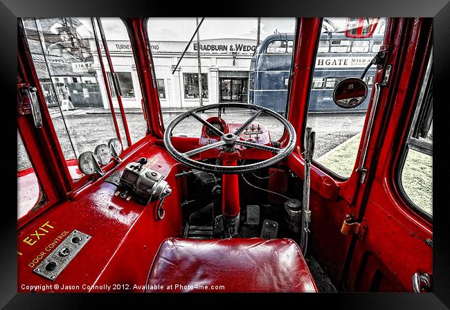Big Red Bus Driving Cab Framed Print by Jason Connolly