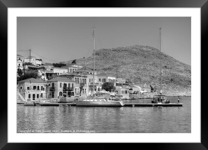 Yachts at the end of the town - B&W Framed Mounted Print by Tom Gomez