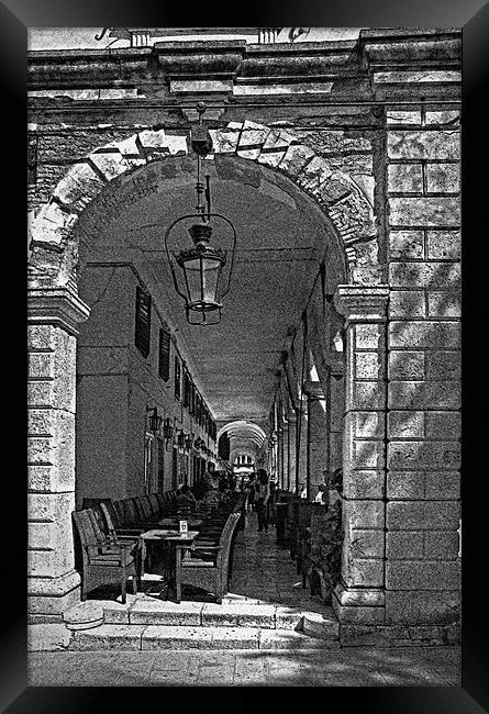 Under the Colonnade - B&W Framed Print by Tom Gomez