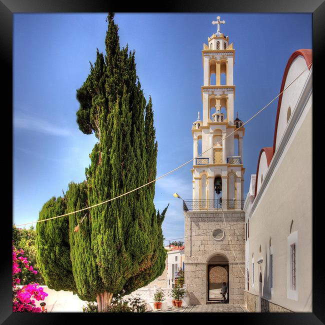 Cyprus Pine and Bell Tower Framed Print by Tom Gomez