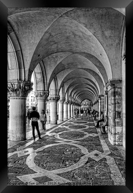 Doge's Palace Colannade - B&W Framed Print by Tom Gomez