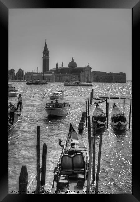 Gondolas in front of San Giorgio Maggiore - B&W Framed Print by Tom Gomez