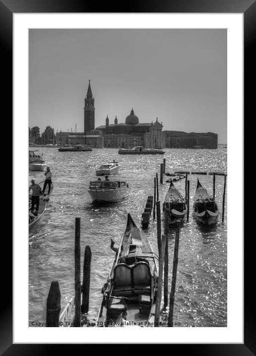 Gondolas in front of San Giorgio Maggiore - B&W Framed Mounted Print by Tom Gomez
