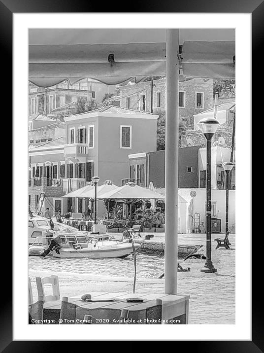 Halki Waterfront - B&W Framed Mounted Print by Tom Gomez