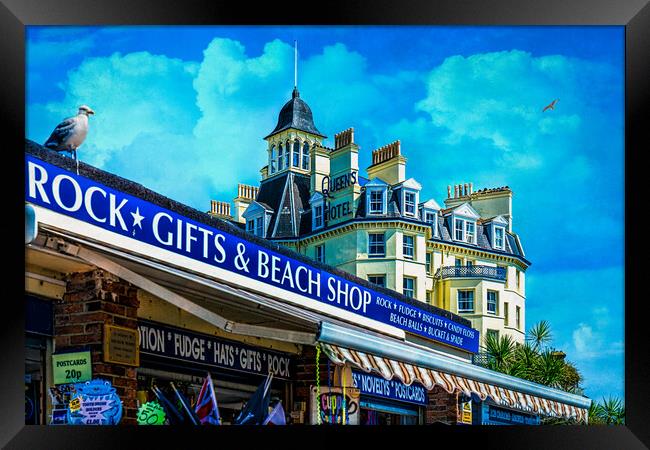 Beach Shop And Queens Hotel In Eastbourne Framed Print by Chris Lord