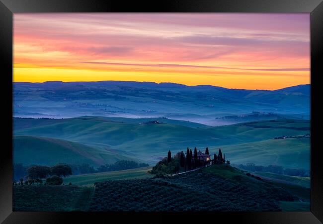 Daybreak in the Val D'Orcia Framed Print by Chris Lord
