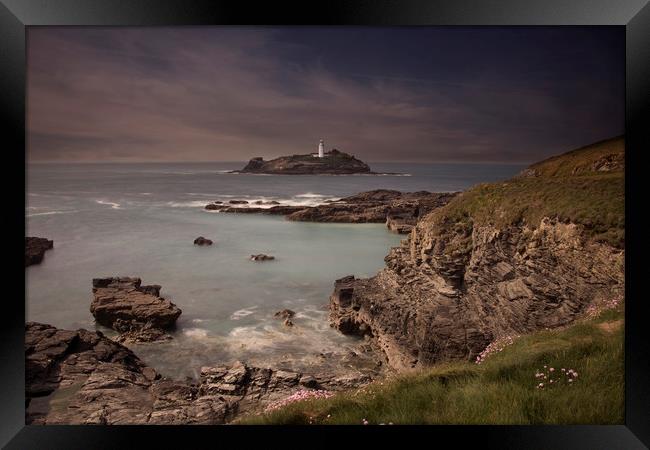 Godrevy lighthouse Cornwall at dusk Framed Print by Eddie John