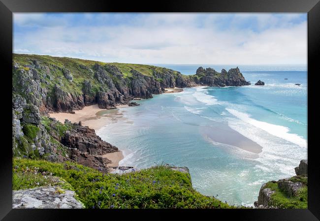 Logans rock Porthcurno cornwall   Framed Print by Eddie John