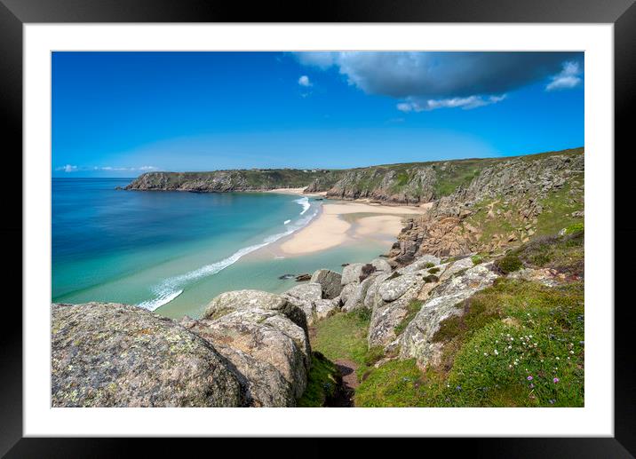 Porthcurno beach and treen cliffs Framed Mounted Print by Eddie John