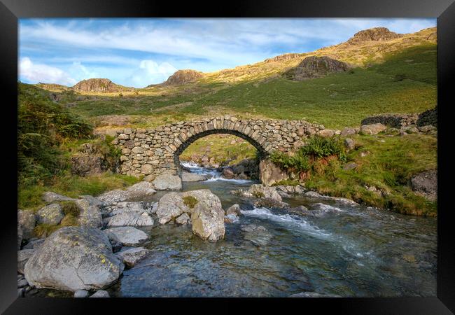 lingcove bridge , pack horse bridge, lingcove beck river esk, eskdale, cumbria, lake district, mountains, mountain stream, rocky out crops, valley, no people, greenery, rural, countryside, uk, great britain, england, walking, outdoor , ancient , Framed Print by Eddie John
