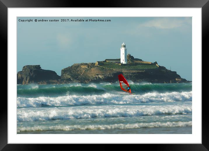 SURFER AT THE LIGHTHOUSE  Framed Mounted Print by andrew saxton