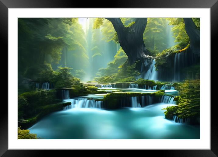 Woodland Waterfalls Framed Mounted Print by Steve Purnell
