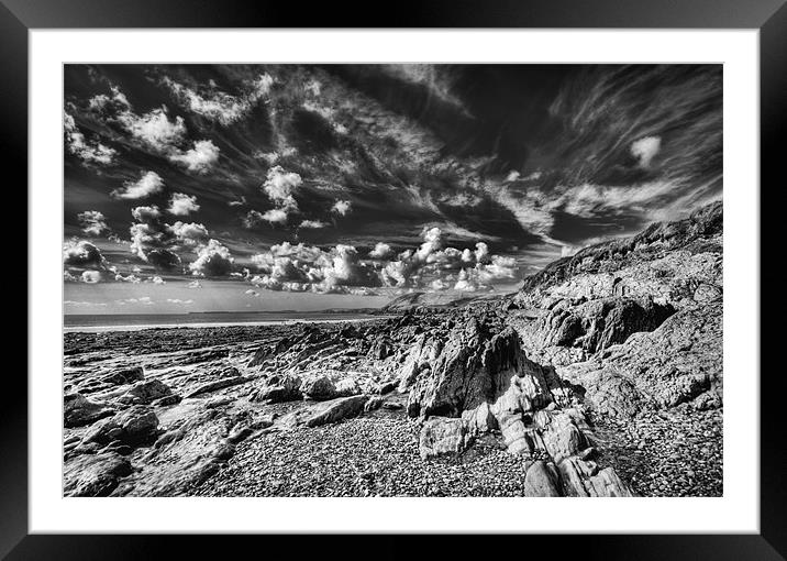 Manorbier Rocks Too mono Framed Mounted Print by Steve Purnell