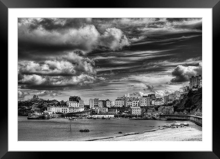 Tenby Harbour Mono Framed Mounted Print by Steve Purnell