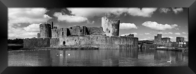 Caerphilly Castle Panorama Monochrome Framed Print by Steve Purnell